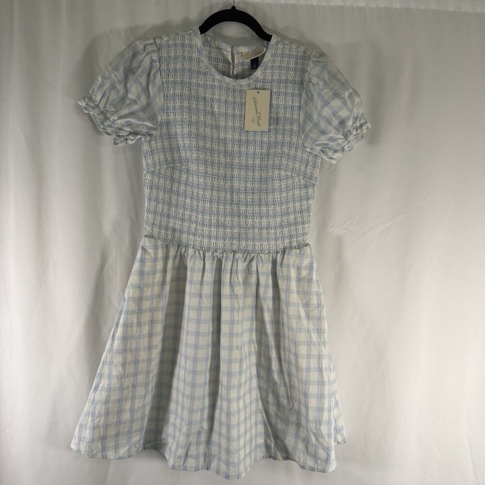 New Universal Thread Mini Dress Women's Small White Blue Plaid Short Sleeve